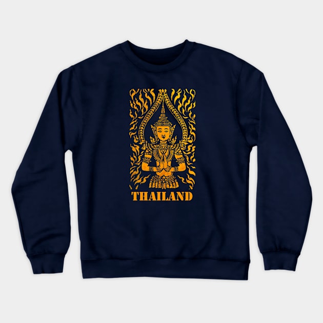 Ancient textured Thai classic gold textured angel mural from a very old Thai Buddhist temple with the word 'Thailand' underneath the image. Crewneck Sweatshirt by Earthworx